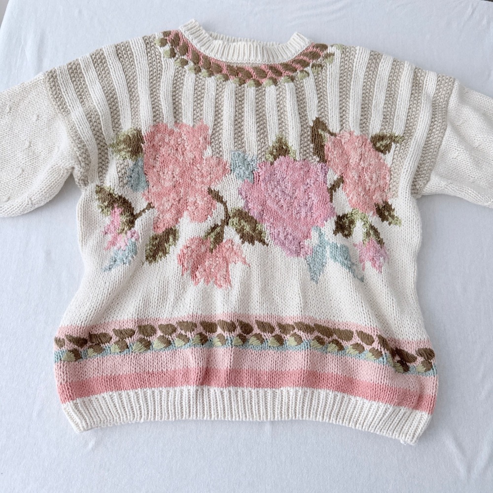Casual Corner Sweater Womens M Vintage Knit Embroidered Cottagecore Floral Pink